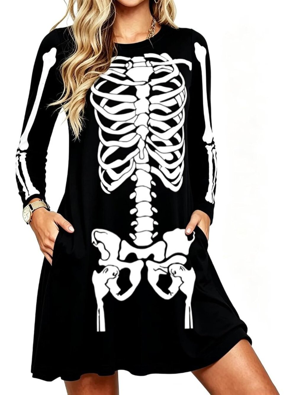 🆕Women's Halloween Skeleton Rib Cage Black Long Sleeve Swing Dress Pockets